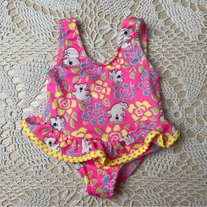 Vintage 1990s Baby Girl 12 Months Neon Pink Koala Novelty Print Skirted Swimsuit